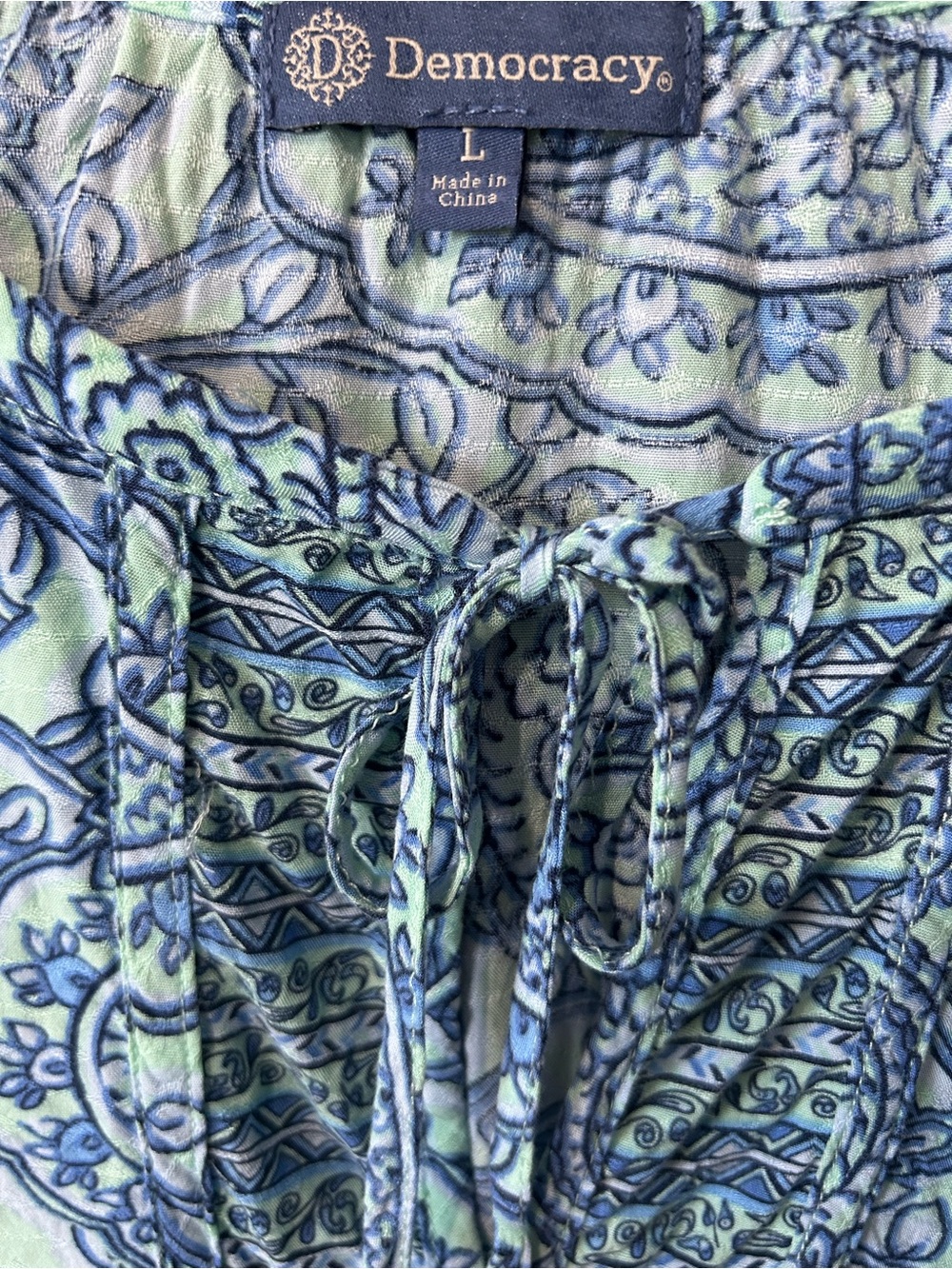 Democracy Blue and Green Printed Drawstring blouse